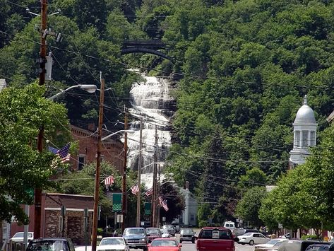 Main Street, Montour Falls-the opening scene of Aurora Teagarden movies Montour Falls New York, Montour Falls, Camping With Family, Aurora Teagarden, Ideas For Camping, Waterfall House, Hallmark Mysteries, Waterfall Pictures, Opening Scene