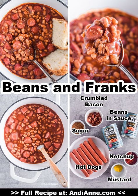 Beans and franks are a classic comforting recipe made with hot dog wieners, canned beans in tomato sauce and crumbled bacon. Ketchup, mustard and a bit of brown sugar complete the tangy sauce flavor. Chopped Hot Dog Recipes, Frank And Beans Recipe, Franks And Beans Recipe, Beenie Weenie Recipe, Beans And Franks Casserole, Beanies And Weenies Recipes, Beans And Franks Recipes, Beans And Weiners Recipes, Wieners And Beans