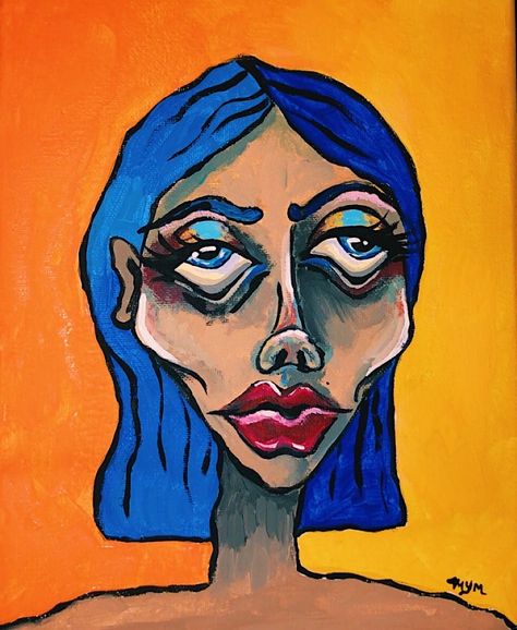 Funky Portraits Paintings, Wierd Face Drawing, Unproportional Art, Different Portrait Styles Art, Funky Face Art, Weird Art Ideas, Beautiful Trash Art, Trippy Acrylic Painting, Funky Paintings