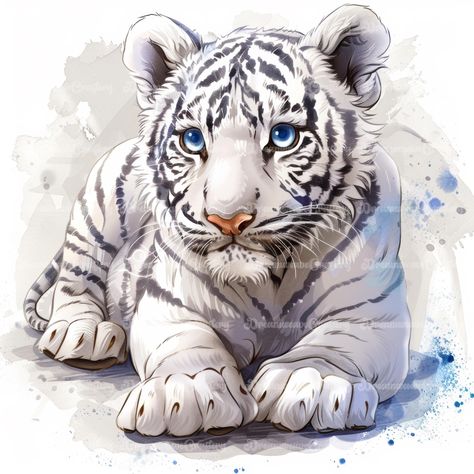 Cartoon Baby White Bengal Tiger Big Cat Watercolor Art Printable High Quality JPG Papercraft Junk Journal Scrapbooking Digital Download On Etsy: dreamweavecraftery.etsy.com #baby #cute #cartoon #watercolor #clipart #art #papercraft #designing #craft #junkjournal #printable #download #cat #animal #tiger #whitebengal #white #bengal #bigcat Baby Tiger Art, Art Papercraft, Cat Watercolor, Baby Tiger, Watercolour Inspiration, Bengal Tiger, Tiger Art, Cat Animal, Cat Nails