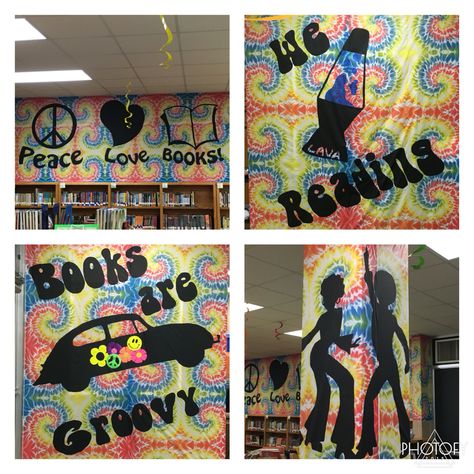 Groovy Decorations, Teacher Appreciation Week Door, Middle School Classroom Themes, School Wide Themes, School Book Fair, 60s Theme, Fair Theme, Library Themes, Technology Theme