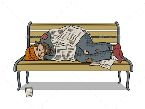 Homeless man sleeps on bench with newspapers pop art retro vector illustration. Isolated image on white background. Comic book style imitation. Homeless Character Art, Homeless Man Drawing, Poverty Cartoon, Sleeping Man Drawing, Homeless Cartoon, Poor Illustration, Homeless Illustration, Homeless Drawing, Homelessness Art