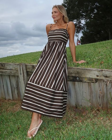 Neutral + necessary • Veronica Striped Maxi Dress 🤎 Dress it up, dress it down, just don’t let it get away… Denim Short Jumpsuit, Sweater Skirt Set, Contrast Dress, Knit Outerwear, Striped Maxi, Cotton Maxi, Striped Maxi Dresses, Maxi Dresses Casual, Stripe Skirt