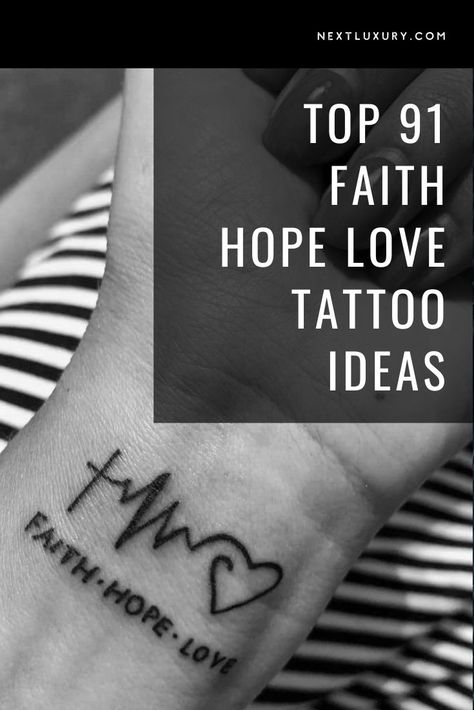 Faith Hope Love tattoos combine elements often used to symbolize belief, optimism, and support. The following top 91 Faith Hope Love tattoos ideas showcase the simple but effective depiction of optimistic tattoo design that you can utilize in a tattoo of your own. Faith And Hope Tattoos, Faith Family Friends Tattoo, Faith Love And Hope Tattoos, Love Faith Hope Tattoo Ideas Symbols, Love Hope Faith Tattoo Design, Faith Hope Live Tattoo, Faith Love Hope Tattoos For Women, Faith Family Tattoo, Faith Over Fear Tattoo For Women Forearm