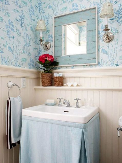 SKIRTED SINK INSPIRATION FOR OUR POWDER ROOM Quick Bathroom Updates, Small Bathroom Solutions, Farm Bathroom, Sink Inspiration, Blue Bathrooms Designs, Sink Skirt, Wainscoting Bathroom, Casa Country, Powder Room Design