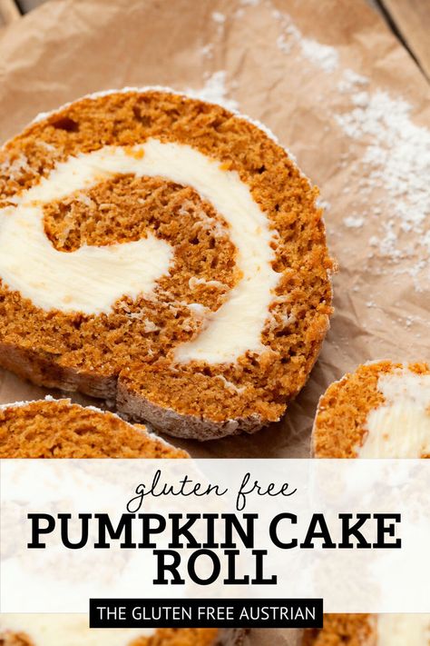 Gluten Free Pumpkin Roll - a timeless and elegant autumn dessert that never fails to make a lasting impression. This delicious fall dessert starts with a pumpkin sponge cake, filled with a whipped cream cheese frosting rolled it into its signature spiral shape. Definitely an eye-catching dessert! Gluten Free Pumpkin Roll Recipe, Gluten Free Pumpkin Roll, Roll With Cream Cheese Filling, Pumpkin Cake Roll, Gluten Free Pumpkin Cake, Moist Pumpkin Cake, Pumpkin Roll Recipe, Classic Fall Desserts, Regular Cake