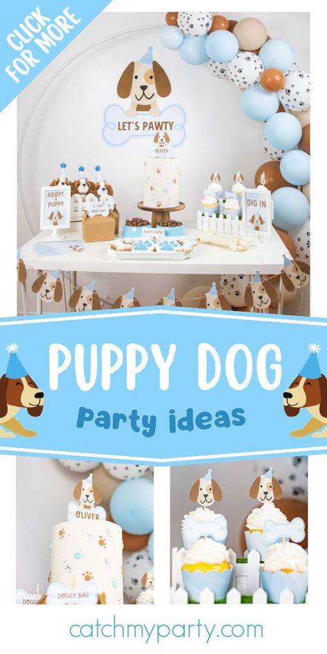 Check out this fun puppy dog birthday party! The plush puppy party favors are adorable! See more party ideas and share yours at CatchMyParty.com Dog Rescue Birthday Party, Puppy Party Decor, Puppy Birthday Party Theme, Puppy Dog Birthday Party, Puppy Party Ideas, Puppy Party Theme, Puppy Party Favors, Animal Party Ideas, Puppy Baby Shower