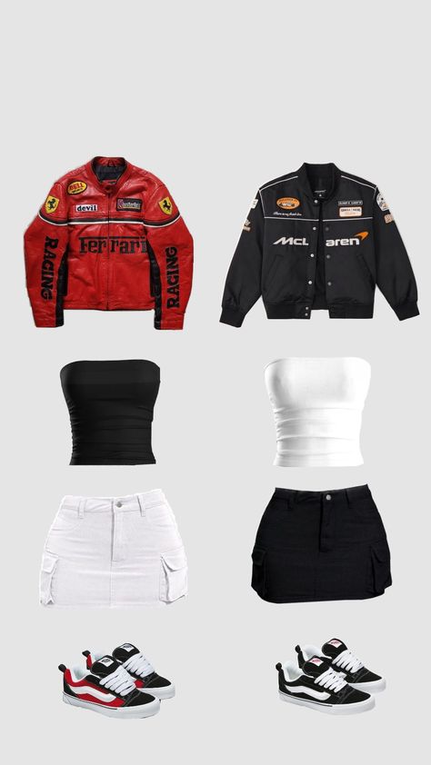 #ferrari #ferrarigirl #mercedes #mercedesgirl #selfcareaesthetic Streetrace Outfit, F1 Race Outfit Ideas, Formula 1 Style, Race Outfits For Women, Street Racer Outfit, Car Show Outfits For Women, Race Car Outfits For Women, Car Meet Outfit, Fast And Furious Outfits