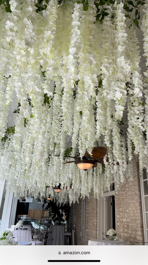 Cannibus Wedding, Flower Hanging From Ceiling, Hanging Flowers From Ceiling, U Shape Table, Wedding Hanging Flowers, Hanging Flowers Wedding, Tiana Wedding, Hanging Wisteria, Event Venue Design