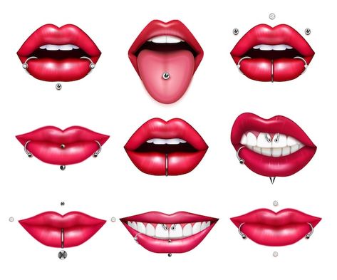 Different Lip Piercings, Rhino Piercing, Mouth Piercings, Ear Piercings Chart, Piercing Chart, Lip Piercings, Double Ear Piercings, Mouth Drawing, Face Piercings