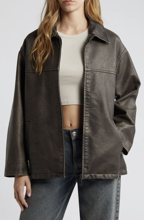 Inspired by classic aviator silhouettes and cut in an oversized silhouette, this softly weathered faux-leather jacket is the perfect outerwear essential. Women Casual Wear, Leather Jacket Women, Womens Jackets Casual, Straight Jacket, Aviator Jackets, Real Leather Jacket, Genuine Leather Jackets, Oversized Jacket, Edgy Look