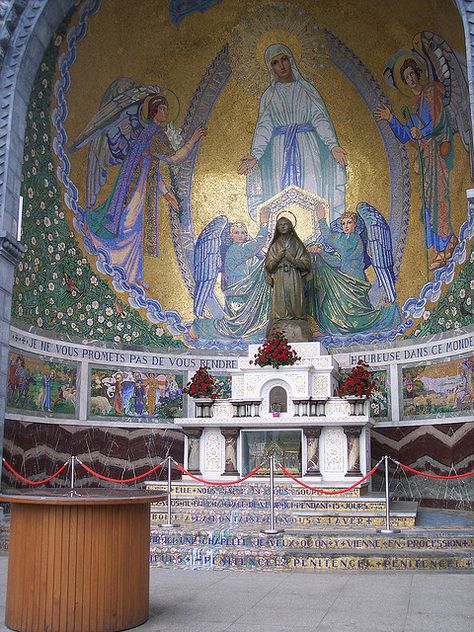 Altar of St Bernadette, Lourdes, France: This is to the left as you look at the Rosary Basilica at Lourdes. Under the altar, protected by glass, is the reliquary containing an arm bone of St Bernadette. St Bernadette Soubirous, St Bernadette Of Lourdes, St Bernadette, Lourdes France, Sacred Architecture, Our Lady Of Lourdes, Lady Of Lourdes, Immaculate Conception, Cathedral Church