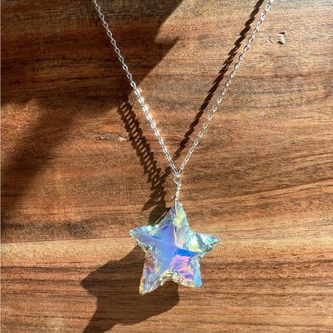 Star Crystal Necklace- Hypoallergenic, Waterproof Crystal Clothes, Iridescent Necklace, Nebula Necklace, Ethereal Jewelry, Star Crystal, Blue Crystal Necklace, Wood Bead Necklace, Magical Jewelry, Layered Necklace Set