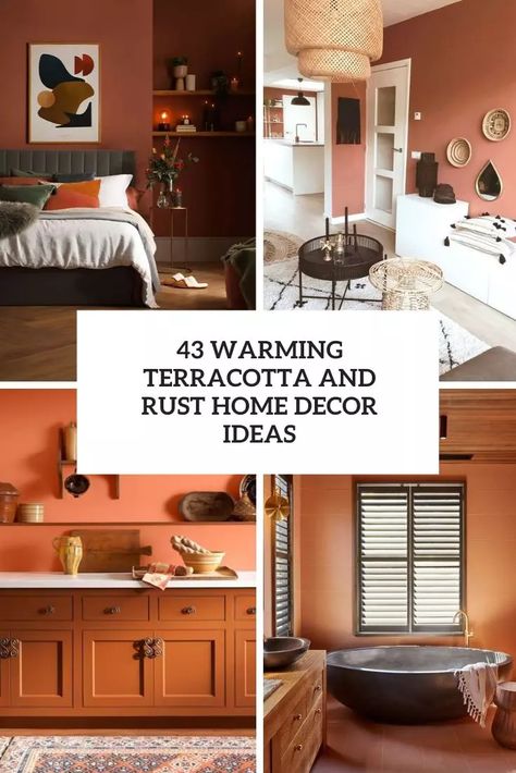 43 Warming Terracotta And Rust Home Decor Ideas - DigsDigs Boho Bedroom Terracotta, Terracotta Dining Room, Rust Home Decor, Green And Terracotta Bedroom, Terracotta Bedding, Bedroom Terracotta, Terracotta Interior Design, Burnt Orange Bedroom, Terracotta Living Room