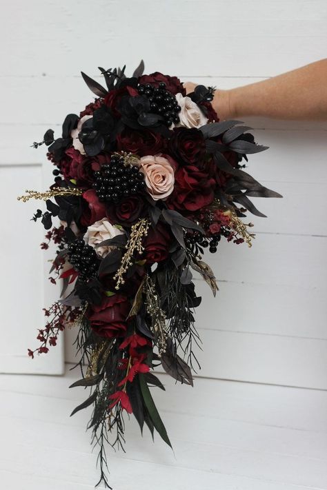 Gothic Fall Wedding Bouquet, Burgundy And Black Flower Bouquet, Dark Forest Wedding Bouquet, Moody Burgundy Bouquet, Moody Romantic Wedding Bouquet, Goth Bride Bouquet, Burgundy And Black Wedding Bouquet, Halloween Bouquet Wedding, Halloween Themed Wedding Dress