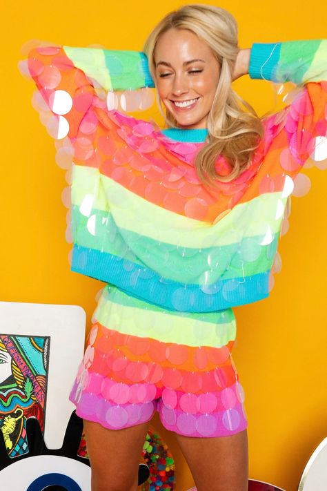 Neon Stripe Clear Sequin Short – Queen of Sparkles Neon Party Outfits, Queen Of Sparkles, Colorful Outfit, Sequin Short, Neon Outfits, Neon Stripes, Bright Fashion, Neon Fashion, Cruise Outfits