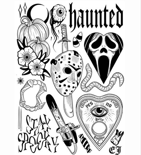 Flash Tattoo Halloween, Halloween Tattoo Flash Art, Traditional Halloween Tattoo Flash, Flash Sheet Ideas, Goth Tattoo Flash Sheet, Flash Tattoo Traditional, Unique Flash Tattoo, Traditional Halloween Tattoo, Halloween Flash Sheet