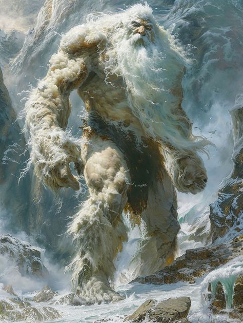 Immerse yourself in the raw power of Ymir, the ancient frost giant and titan from Norse mythology. This breathtaking artwork captures Ymir’s massive form, sculpted from ice and stone, embodying the primal forces of nature. As the first being in Norse cosmology, Ymir's existence marks the beginning of creation, his body providing the foundation for the world crafted by the gods.   #Ymir #YmirTitan #NorseMythology #FrostGiant #NorseGod #PrimordialGiant #TitanOfIce Titans Mythology, Frost Giant, Jesus Christ Painting, Forces Of Nature, Religious Artwork, Macabre Art, Mythology Art, Great Paintings, World Crafts