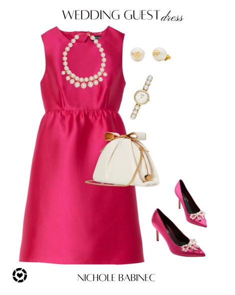 Preppy Cocktail Dress, Cream Clutch, Ivory Clutch, Hot Pink Cocktail Dress, Classic Summer Outfits, Cocktail Dress Pink, Pearl Watch, Preppy Wedding, Dress Pearl