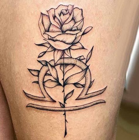 Libra rose tattoo by @tattoovikink Libra Flower Tattoo, Libra Scale Tattoo, Libra Flower, Libra Sign Tattoos, Libra Scale, Libra Zodiac Tattoos, Tattoo Guide, Unique Tattoos For Women, Libra Art