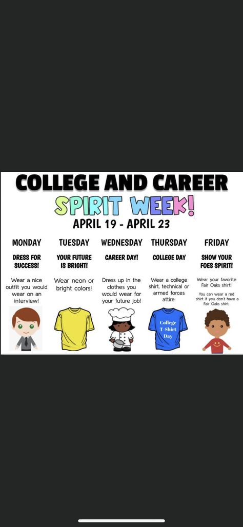 College And Career Day Spirit Week, Future Career Day Spirit Week Teacher, Spirit Days Ideas Highschool Funny, Future Career Day Spirit Week, Career Day Spirit Week, College Week Ideas For Elementary Career Exploration, Career Exploration High School, College Wear, Career Day