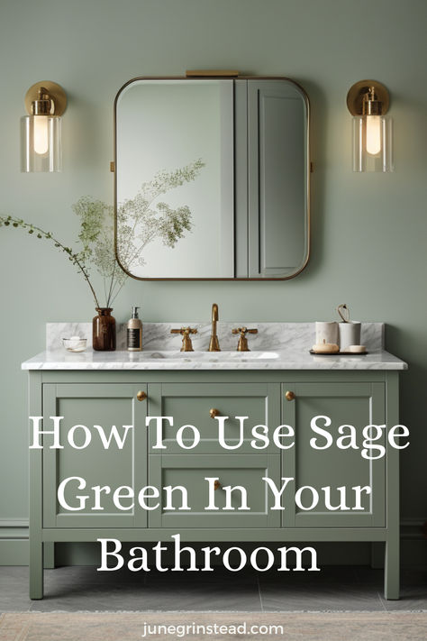 Sage Green Bathroom, Gold Bathroom Wall Lights, Sage Green Bathroom Cabinets, Green Cabinet with marble counter top, gold faucets, gold rim mirror Bathroom Decor Green Vanity, Sage Bathroom Vanity Ideas, Bathroom With Light Green Vanity, Green Bathroom Diy, Bathroom Vanity With Accent Wall, Earthy Green Bathroom Ideas, Olive Green Vanity Bathroom Ideas, Vanity Same Color As Wall, Modern Sage Bathroom