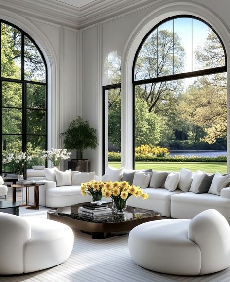 Big Windows Living Room Decor, Big Windows Living Room, Daffodil Garden, House By The Lake, Luxury Mansions Interior, House Interior Design Styles, Rich Home, Cozy Design, Futuristic Interior