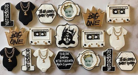 Notorious Big Cookies, Notorious Big One Birthday Cupcakes, 1st Birthday Boy Notorious Big, Notorious Big One Birthday Cookies, Notorious Birthday Party, The Big One Notorious Birthday, Biggie Smalls 1st Birthday Party, Notorious One Cookies, Notorious Big One Birthday Centerpieces