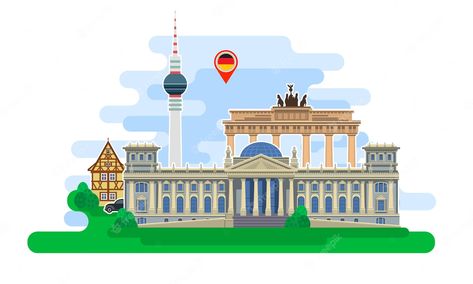 Germany Tourist Attractions, Studying German, Germany Illustration, Travel To Germany, Moving Backgrounds, German Flag, Germany Travel, Design Vector, Flat Design