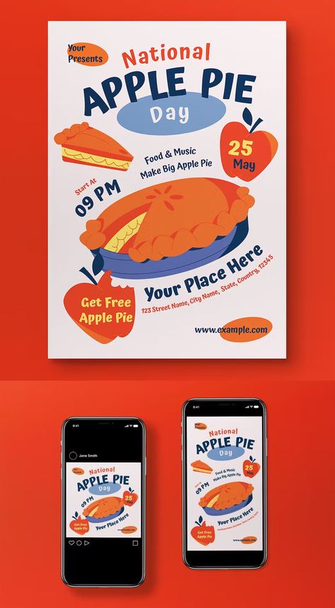 National Apple Pie Day Flyer Template AI, PSD + Instagram Post and Story Design Pie Menu Design, Apple Pie Instagram Story, National Pie Day Ideas, National Apple Pie Day, Apple Pie Packaging, White Doodle, Fundraiser Flyer, Pie Day, Story Design