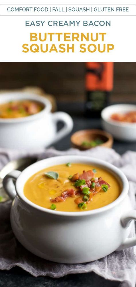 This Creamy Bacon Roasted Butternut Squash Soup is by far the best squash soup you'll have all fall! Creamy, full of rich flavor, 143 calories a serving, and only 45 minutes to make, it's the best comfort food without the calories! Where's the spoon!? #fallrecipes #squashrecipes Squash Soup With Bacon, Cold Weather Soup, Soup With Bacon, Butternut Squash Soup Recipe, Comfort Soup Recipes, Butternut Squash Recipes Soup, Squash Soup Recipe, Roasted Butternut Squash Soup, Best Soup Recipes