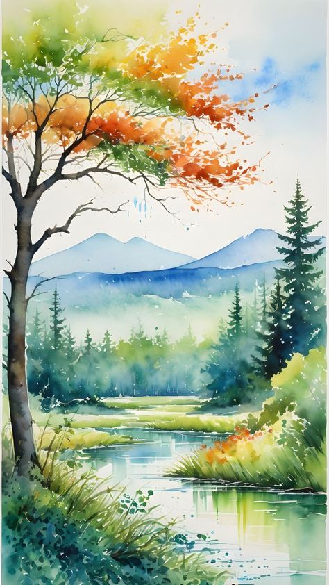 Watercolor paint Drawing Ideas Nature Colour, Aquarelle Painting Landscape, Water Colour Art Landscape, Realistic Watercolor Paintings, Watercolor Templates, Landscape Painting Watercolor, Landscape Watercolour, Watercolor Scenery, Learn Watercolor Painting