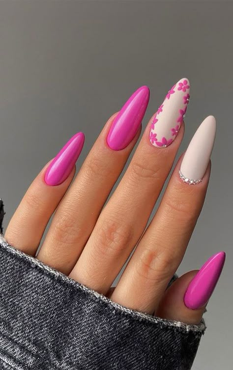 Cerise Pink Nails Designs, Glam Nails Designs Classy, Bright Colourful Nails, Hot Pink Nails With Design Summer, Summer Hot Pink Nails, Hot Pink Nails With Design, Hot Pink Summer Nails, Hot Pink Nail Designs, Magenta Nails