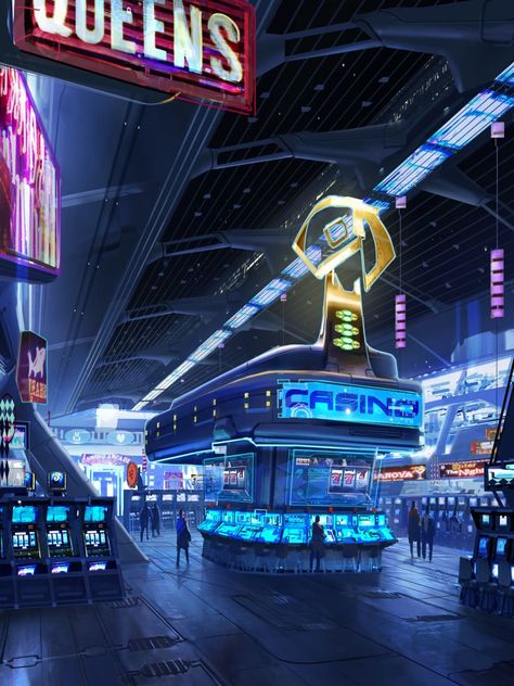 Artist: West Studio - Title: galaxy saga 02 - Casino - Card: Unknown Casino Concept Art, Cyberpunk Casino, Hotel Concept Art, Sci Fi Bar, Mass Effect 3, Hotel Concept, Cyberpunk City, Bar Interior, Post Apocalypse