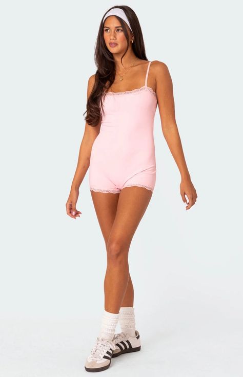 Mandi Lace Trim Romper Visionary Fashion, Pink Romper, Rompers Online, Pink Rompers, Scalloped Lace, Fashion Poses, Dress Romper, Rompers Women, Outfits Aesthetic