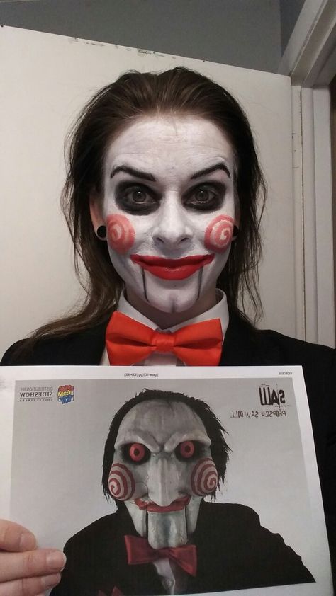 Jigsaw Billy the Puppet costume Make-up Puppet Costume Halloween, Billy The Puppet Makeup, Billy The Puppet Wallpaper, Billy The Puppet Costume, Jigsaw Billy The Puppet, Billie Eilish Lyrics Wallpaper, Jigsaw Puppet, Billy Puppet, Saw Costume