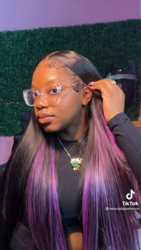 Leave Out Sew In Weave Peekaboo, Sew In Hairstyles Peek A Boo, Quick Weave With Peekaboo, Sew In With Purple Highlights, Sew In Peek A Boo, Peekaboo Hair Color Wig, Peekaboo Quick Weave Middle Part, Purple Pack Hair Weave Hairstyles, Cute Sew In Hairstyles With Color