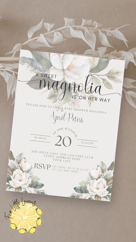 Magnolia Themed Baby Shower Ideas, Magnolia Baby Shower Ideas, Magnolia Baby Shower, Magnolia Jane, Flower Baby Shower, Classy Baby Shower, Magnolia Baby, Sweet Magnolia, Bloom Baby