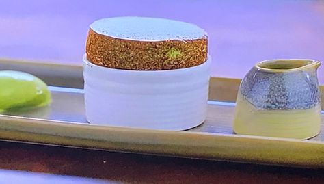 Michael Caines pistachio souffle with pistachio ice cream on My Greatest Dishes Pistachio Souffle, Pistachio Ice Cream, Michael Caine, French Recipes, Bake Off, French Food, Puddings, Pistachio, Chef