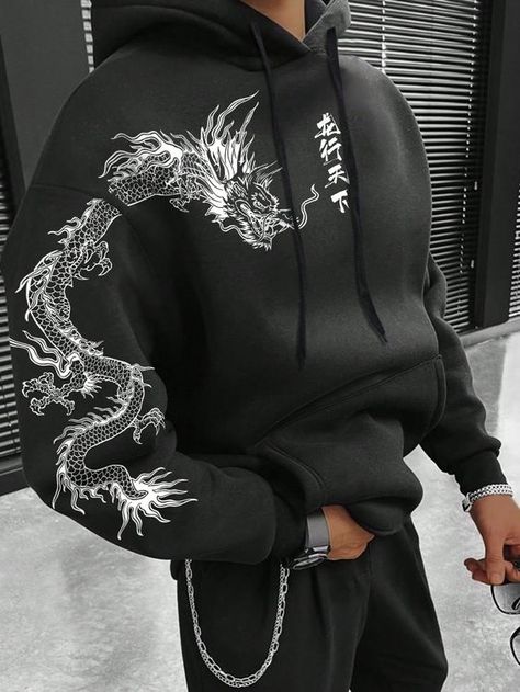 amazing quality although mine didn't come with a drawstring lmao Long Sleeve T Shirt Outfit Men, Cool Hoodies Designs, Graphic Hoodies Aesthetic, Estilo Harajuku, Dragon Chinese, Dragon Hoodie, Trendy Boy Outfits, Diy Jacket, Unique Hoodies