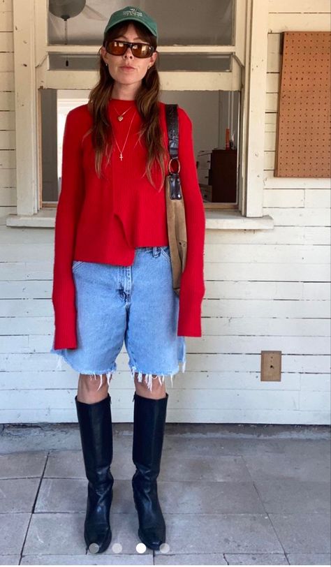 Brown Boot Outfits Winter, Read Sweater Outfit, Red Boots Street Style, Tall Boots Winter Outfit, Short Red Boots Outfit, Fall Baseball Cap Outfit, Jorts + Boots, Jorts Outfit Fall, Winter Jorts Outfit