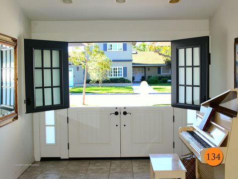 Classic Style 9-Lite SDL Double Dutch Entry Doors (2-36"x80") with Shelves. Two 5-Lite SDL sidelights 14" wide. Plastpro DRS2G Fiberglass. Smooth skin Factory painted DE6328 Anchor Gray exterior and DEW341 Swiss Coffee interior. White Lami glass. Installed in Newport Beach, CA. Double Dutch Doors, Doors With Sidelights, Dutch Doors Exterior, Split Door, Unfinished Kitchen Cabinets, Door Sidelights, Entry Door With Sidelights, Dutch Doors, Double Dutch