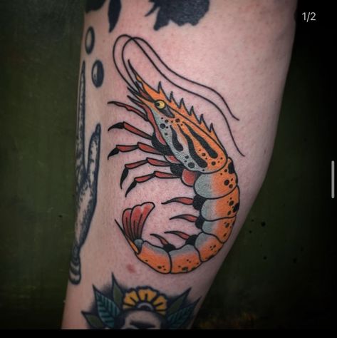 Traditional Shrimp Tattoo, American Traditional Fish, Traditional Sea Tattoo, Tattoo Dino, Shrimp Tattoo, Catfish Tattoo, Most Beautiful Tattoos, Trout Tattoo, Infinity Tattoo With Feather