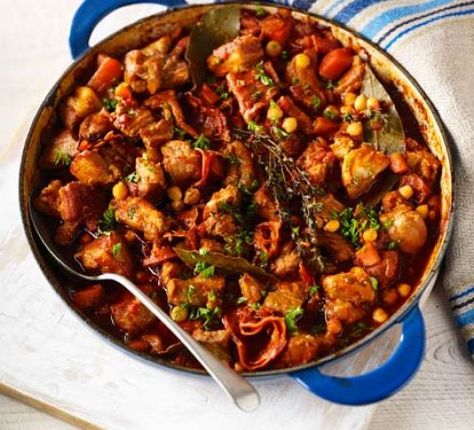 Chorizo, pork belly & chickpea casserole  - remove chickpeas, carrots and tinned tomatoes for low carb Chickpea Chorizo, Easy Family Casseroles, Chickpea Casserole, Belly Pork, Pork Belly Recipes, Vegetable Casserole, How To Cook Pork, Savoury Recipes, Bbc Good Food Recipes