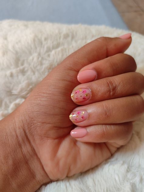 Unha rosa claro com flores secas e folhinhas douradas Nails Dry Flower, Dried Flowers Nails, Dried Flower Nails, Uñas Aesthetic, Biab Nails, Flowers Nails, Spring Nail Trends, Simple Gel Nails, Wedding Nail