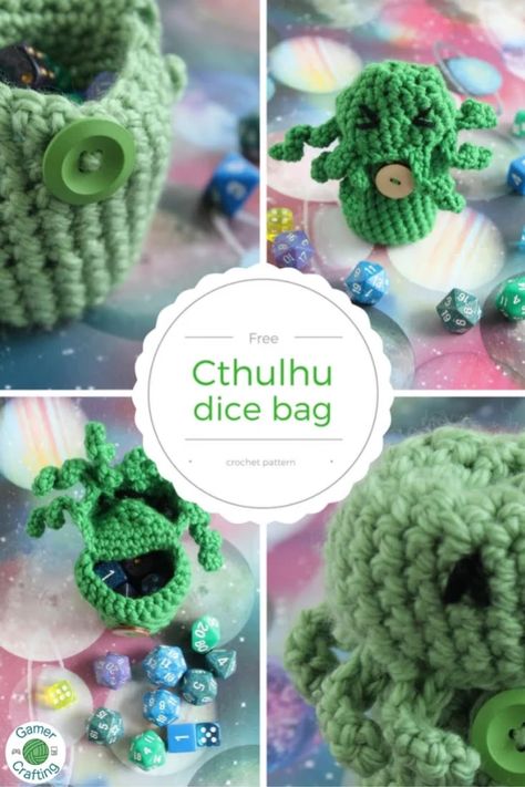 Free Cthulhu dice bag crochet pattern - GamerCrafting Yarns Dice Bag Crochet Pattern, Geeky Crochet Patterns, Crochet Presents, Stitch Purse, Geeky Craft, Crochet Shell, Dice Bags, Nerd Crafts, Bag Crochet Pattern