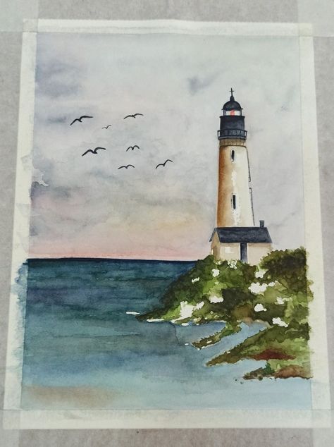 Easy Watercolor Lighthouse, Watercolor Art Lighthouse, Watercolor Lighthouse Tutorial, Rapid Watercolor, Watercolor Lighthouse Paintings, Watercolour Lighthouse, Lighthouse Watercolor, Watercolor Lighthouse, Watercolour Drawings