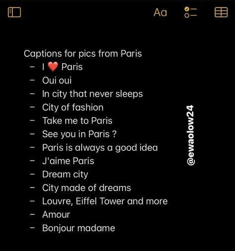 City Break Captions, Captions For Paris Pictures, French Ig Captions, Eiffel Tower Captions Instagram, Travel Photo Dump Caption, Paris Captions Instagram Aesthetic, Xoxo Captions, Paris Ig Captions, Paris Insta Captions