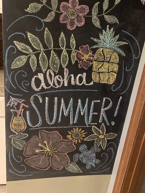 Beachy Chalkboard Ideas, Aloha Chalkboard Art, Summer Chalk Art Chalkboard Ideas, Summer Chalkboard Ideas, Gym Chalkboard, Summer Chalkboard Art, Summer Chalkboard, Whiteboard Ideas, Chalkboard Wall Art