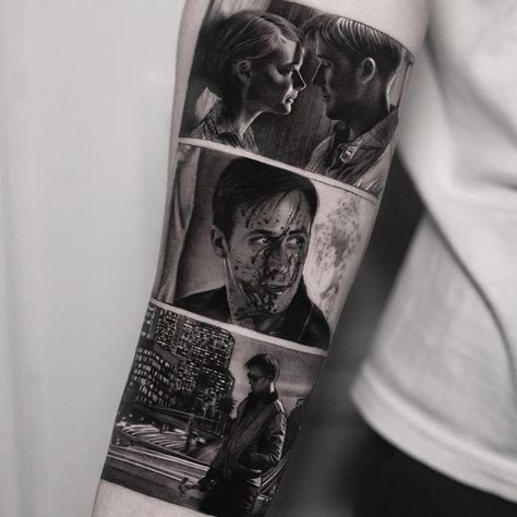 ➖DRIVE➖ Ryan Gosling / Carey Mulligan @goslingdaily @evamendes ❓How many of you know this amazing movie 🎥 ❓ Don’t forget to tag a friend a… Drive Tattoo, Cool Back Tattoos, Cactus Tattoo, Movie Tattoo, Movie Tattoos, Red Tattoos, Grey Tattoo, Realism Tattoo, Back Tattoos